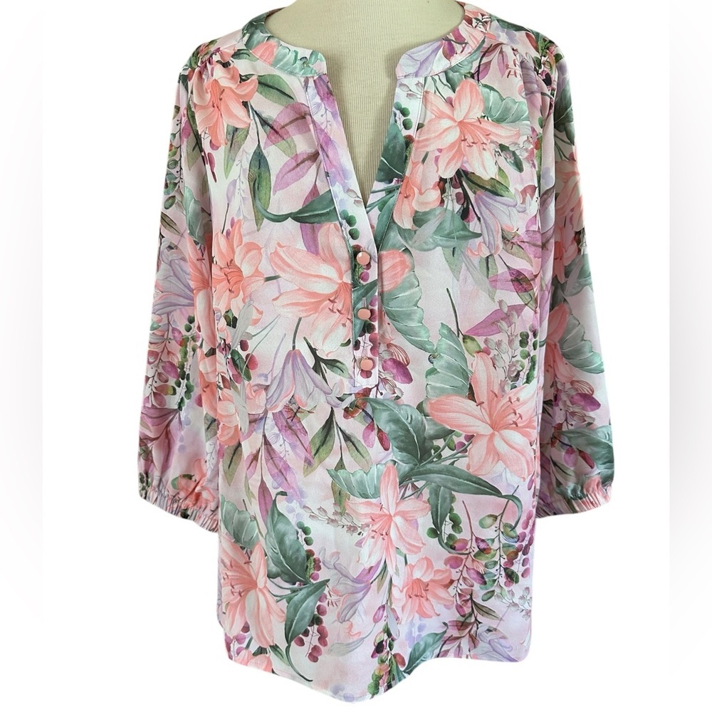 New York Clothing Company 2X Green Pink Plus Size 3/4 sleeve women’s blouse top